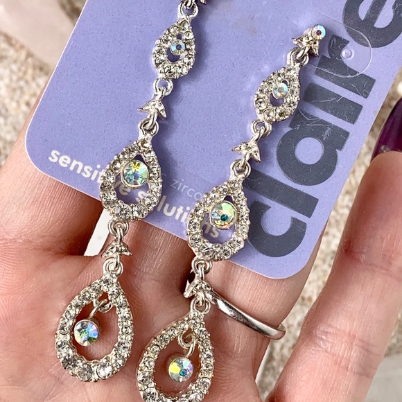 AB Rhinestone Dangle Earrings - Picture 2 of 4